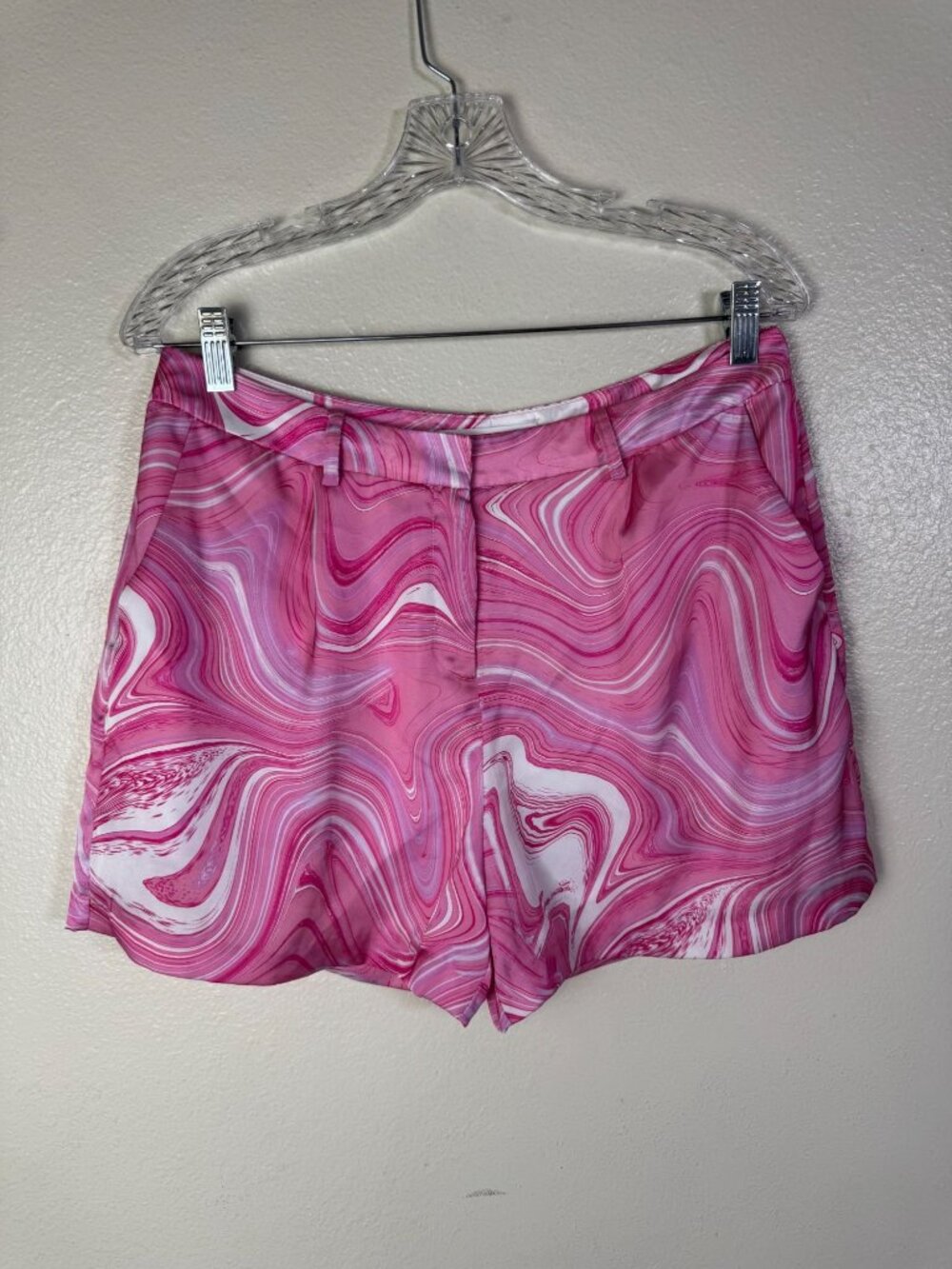 Amanda Uprichard Pink Marble‎ Print Satin Shorts Women size Large Lightweight